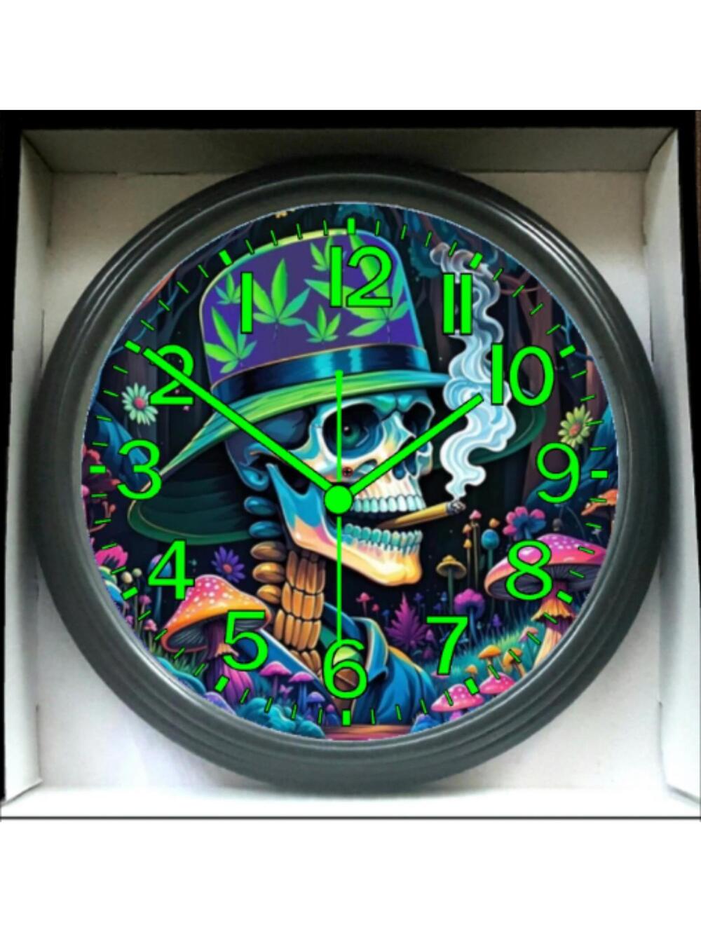 REVERSE TICKING CLOCK Psychedelic Blacklight Glow In The Dark Wall Clock New!